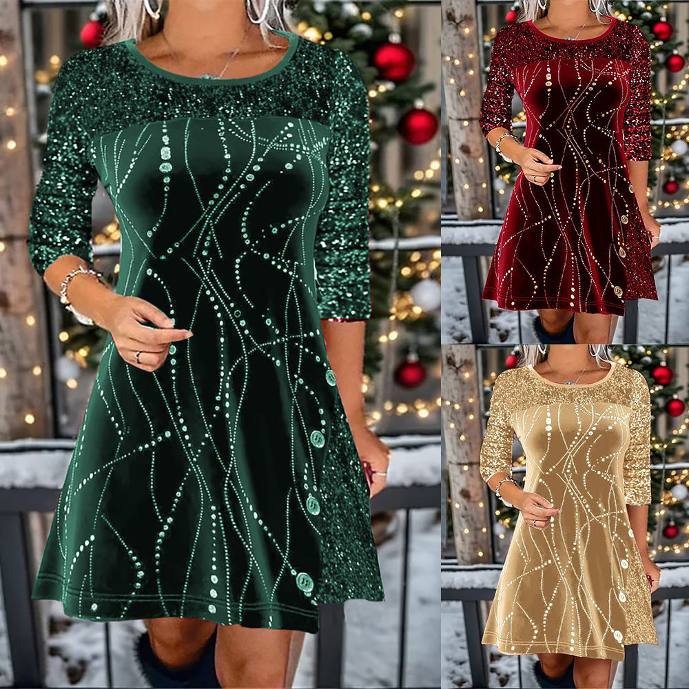 Solid Color Round Neck Long Sleeve Sequin Stitching A line Dress