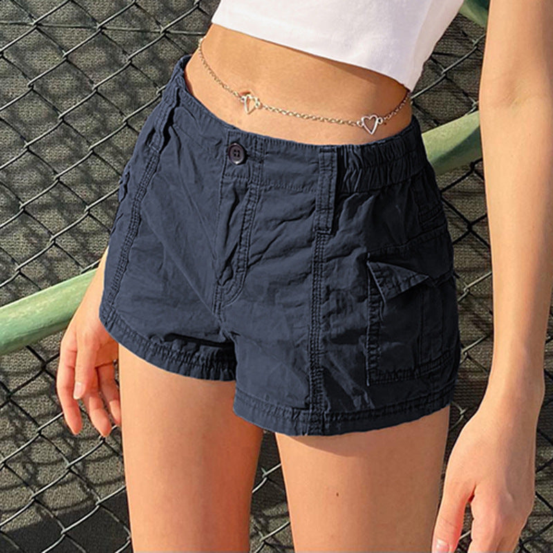 Summer Girls Street Retro Distressed Low Waist Asymmetric Workwear with Pocket Woven Casual Shorts