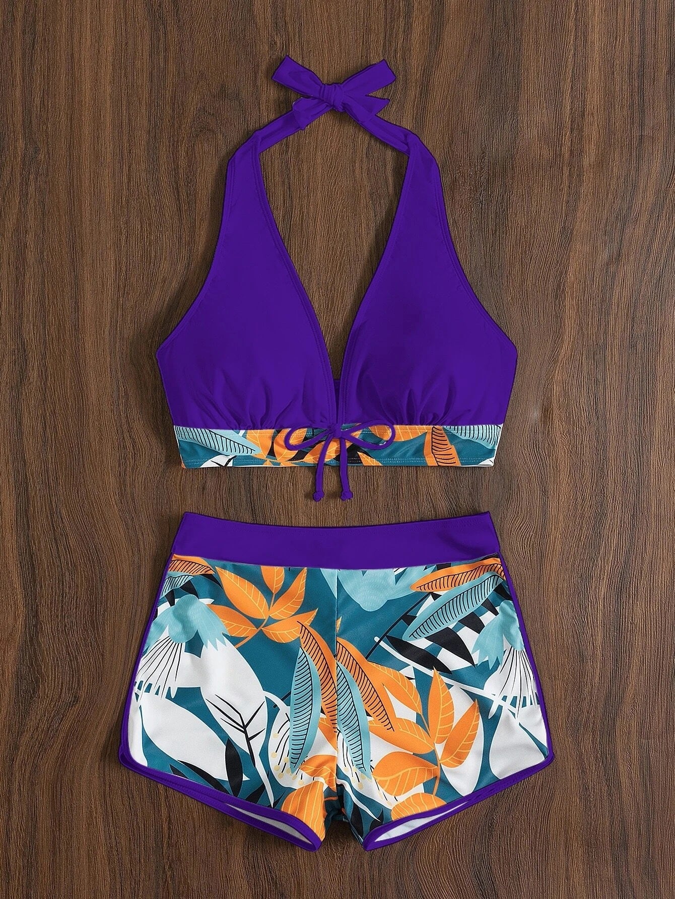 Split High Waist Boxer Lace Printing Solid Color Stitching Bikini
