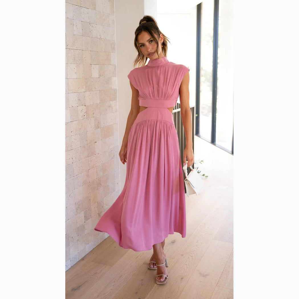 Sweet Street Summer Stand Collar Solid Color Cropped Outfit Maxi Dress