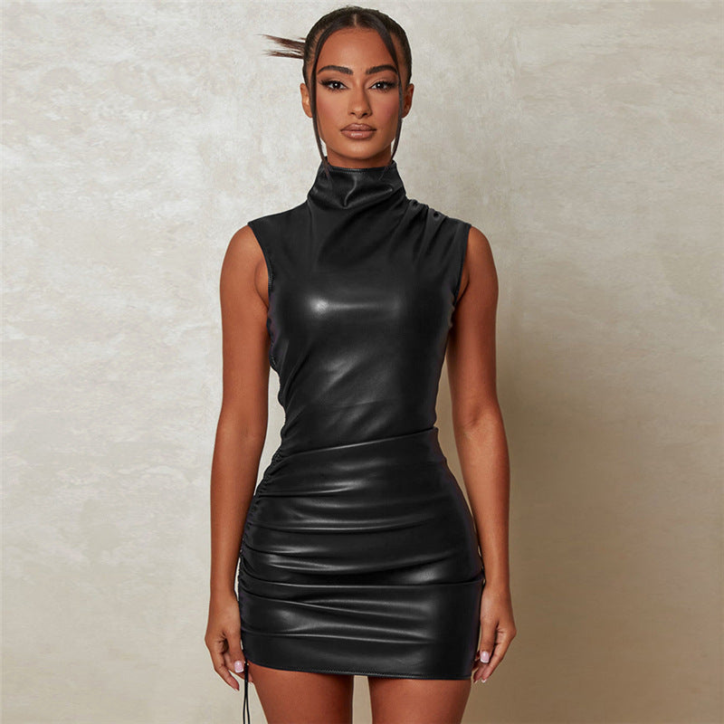 Round Neck Sleeveless Slim Drawstring Bag Hip Faux Leather Dress