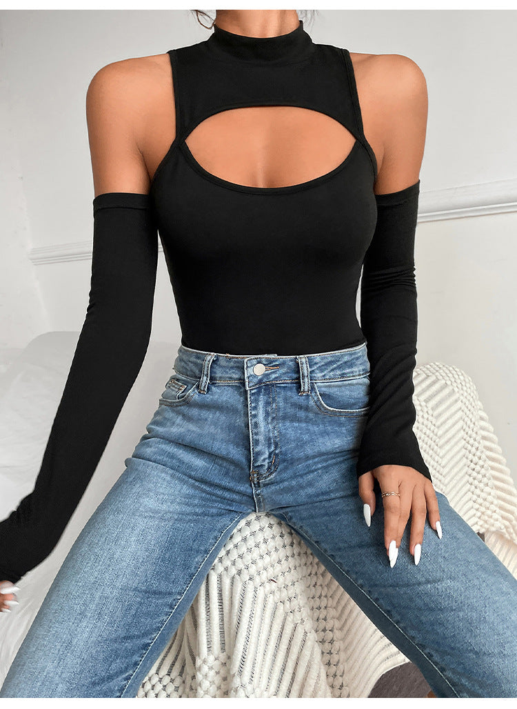 Tight Sexy Topless Bottoming Shirt Irrégulier Asymétrique Évider Manches Longues Slim Off-the-Shoulder Body