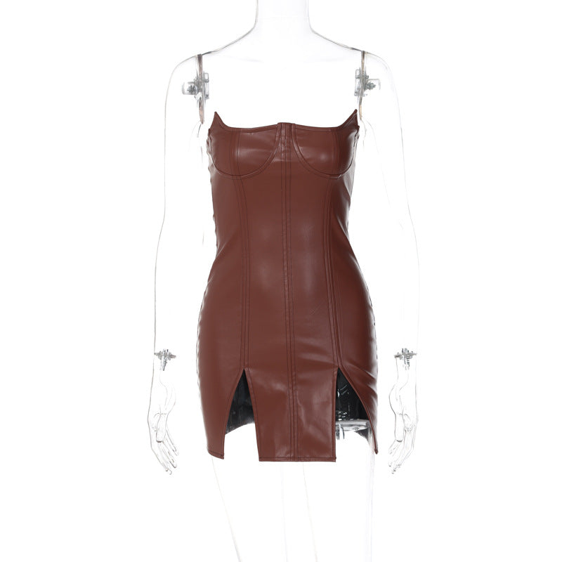 Faux Leather Personality Off Neck Low Cut Sexy Tight Sleeveless Backless Dress
