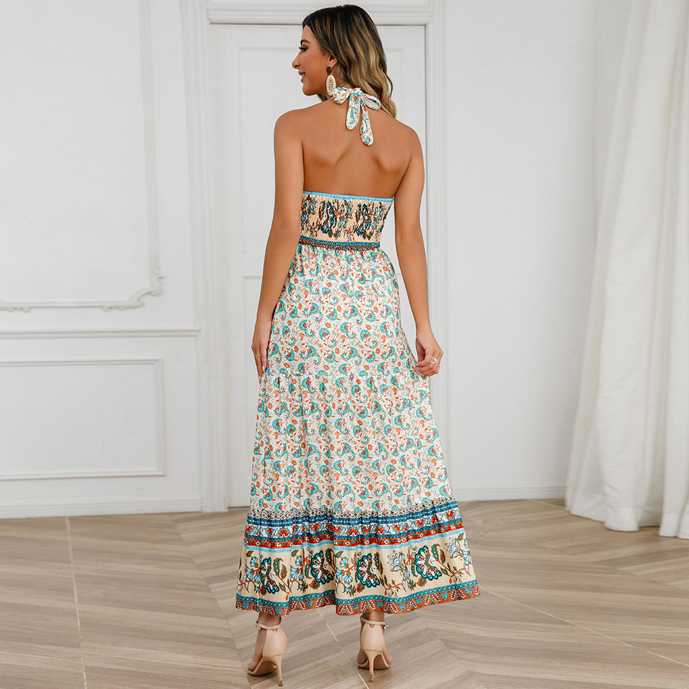 Sexy Crossover Lace up Halterneck Summer Criss Cross Bohemian Vintage Floral Dress