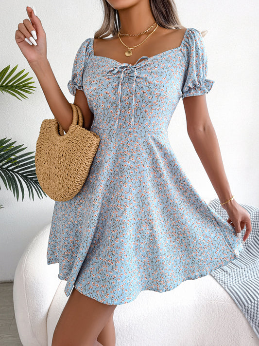 Casual Bell Sleeve Drawstring Lace Floral Print Large Swing Dress