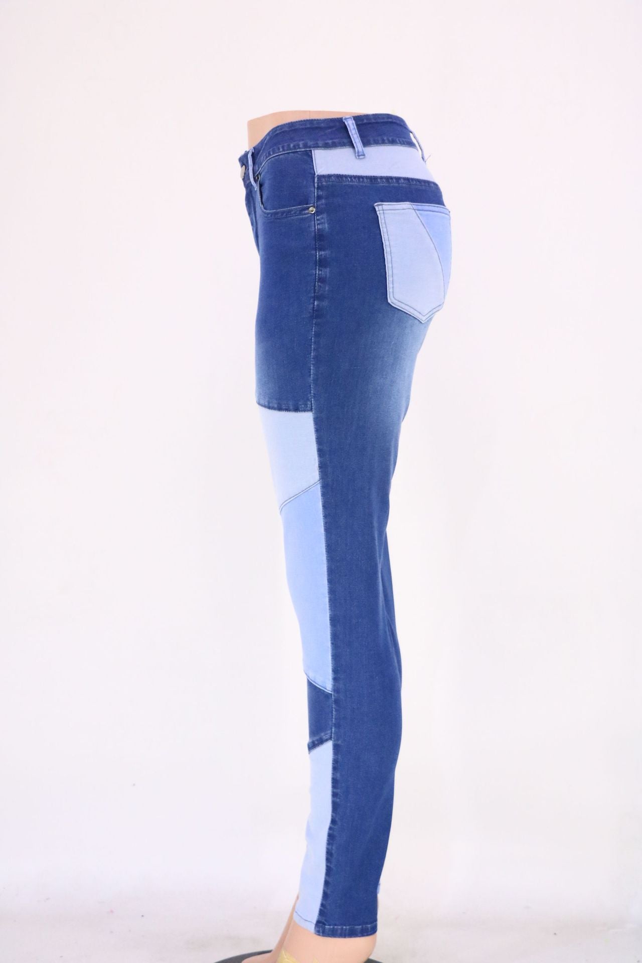 Blau-schwarz genähte Street-Hipster-Hose aus gewaschenem Baumwolldenim mit hoher Taille