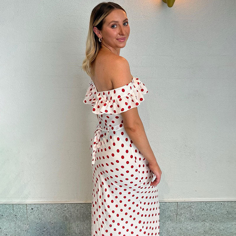 Polka Dot bedrucktes A-Linien-Kleid mit sexy Taillenbesatz und gerüschten Spaghettiträgern