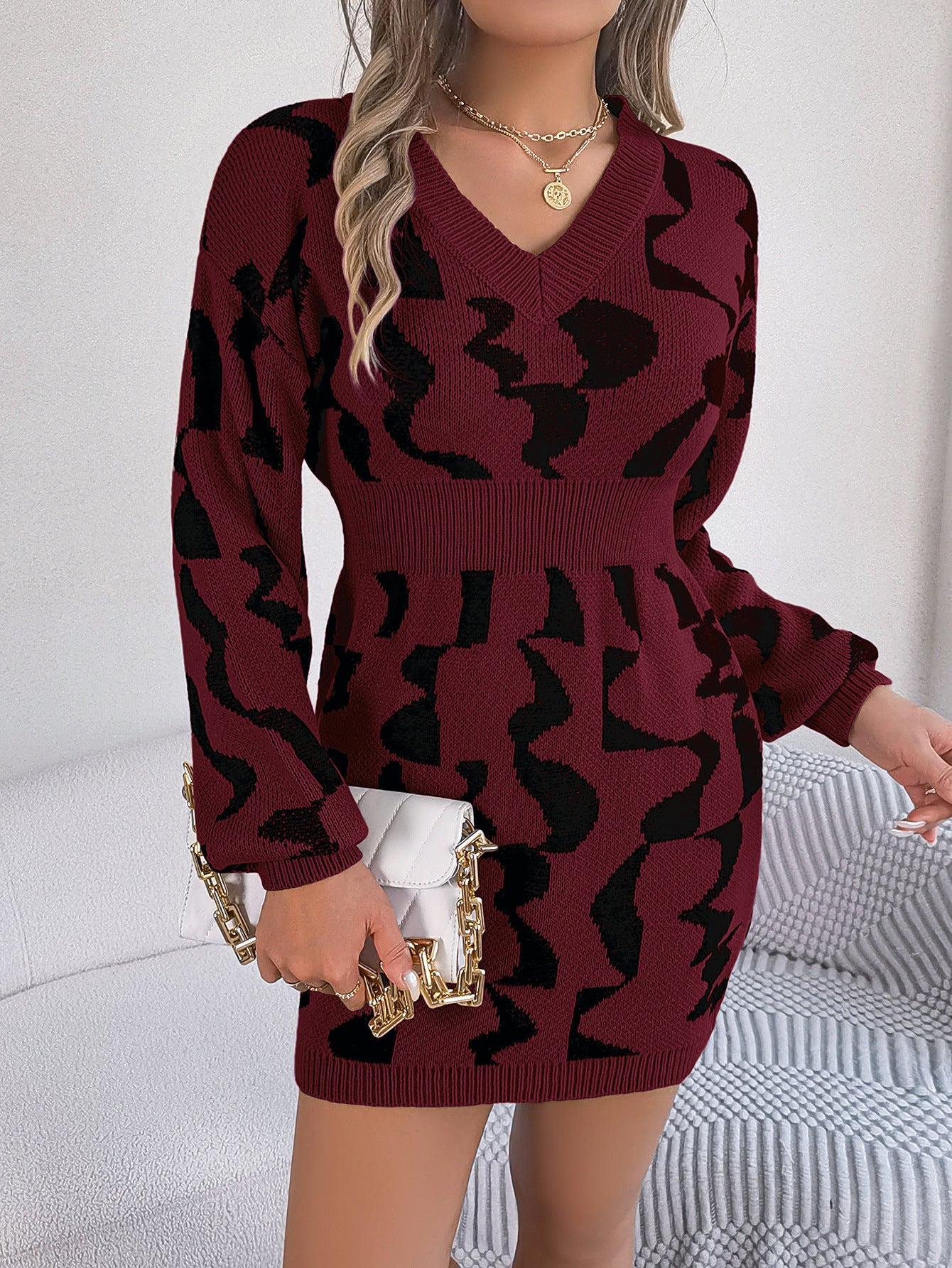 V neck Contrast Color Long Sleeves Waist Tight Package Hip Sweater Dress