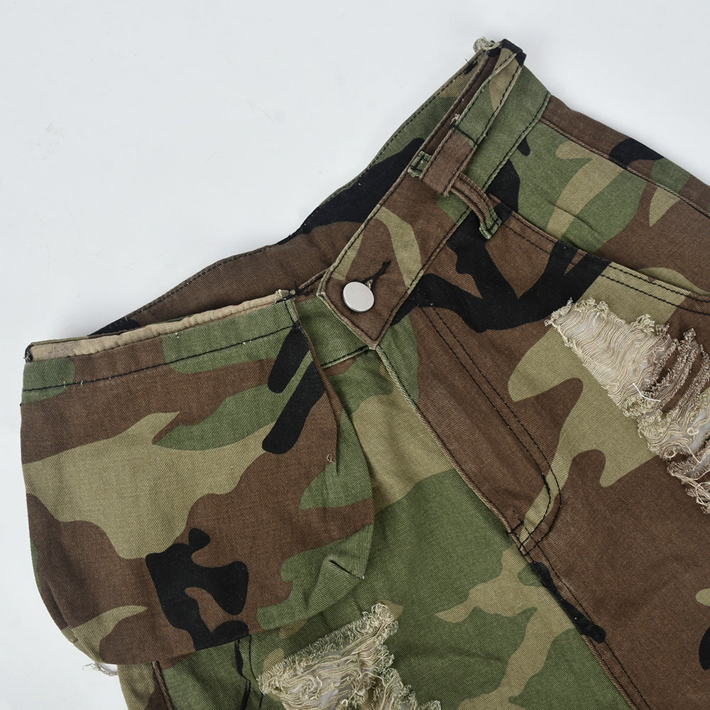 High Waist Camouflage Washed Personalized Hole Tassel Shorts
