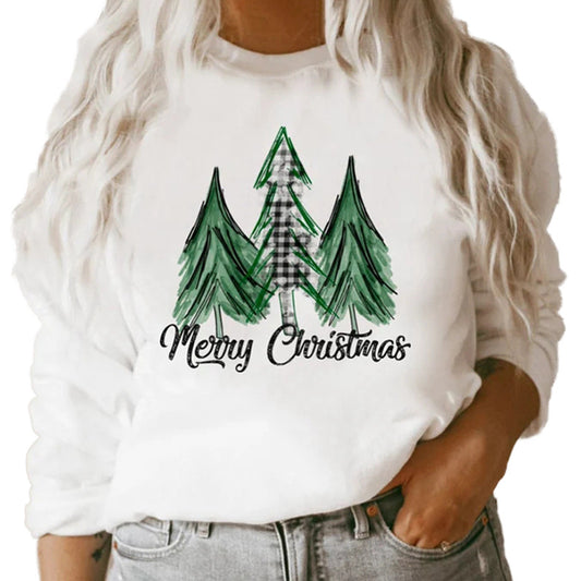 White Long Sleeve Loose Christmas Graphic Print Crew Neck Sweater