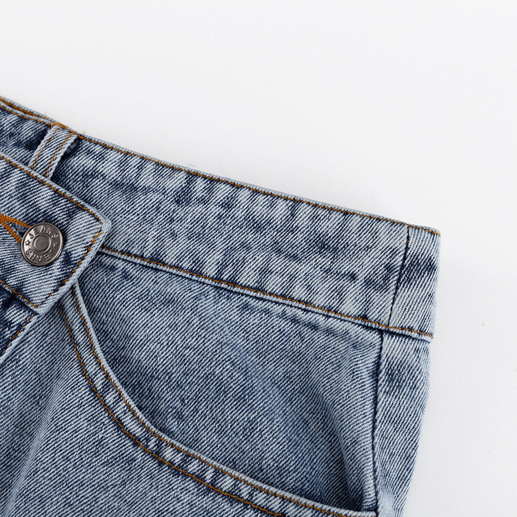 Saia jeans vintage longa cintura alta com fenda