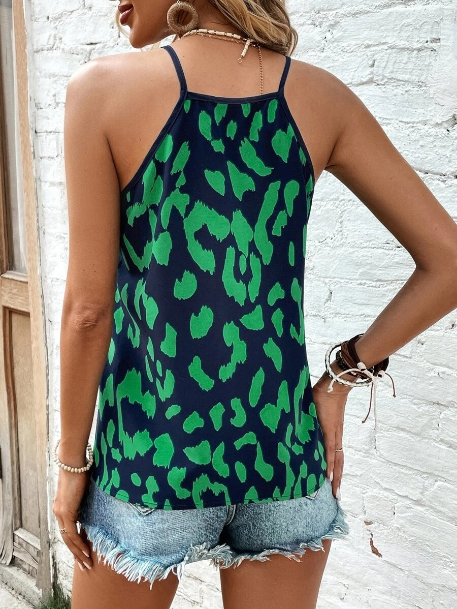 V neck Leopard Print Stitching Solid Color Camisole Loose Top