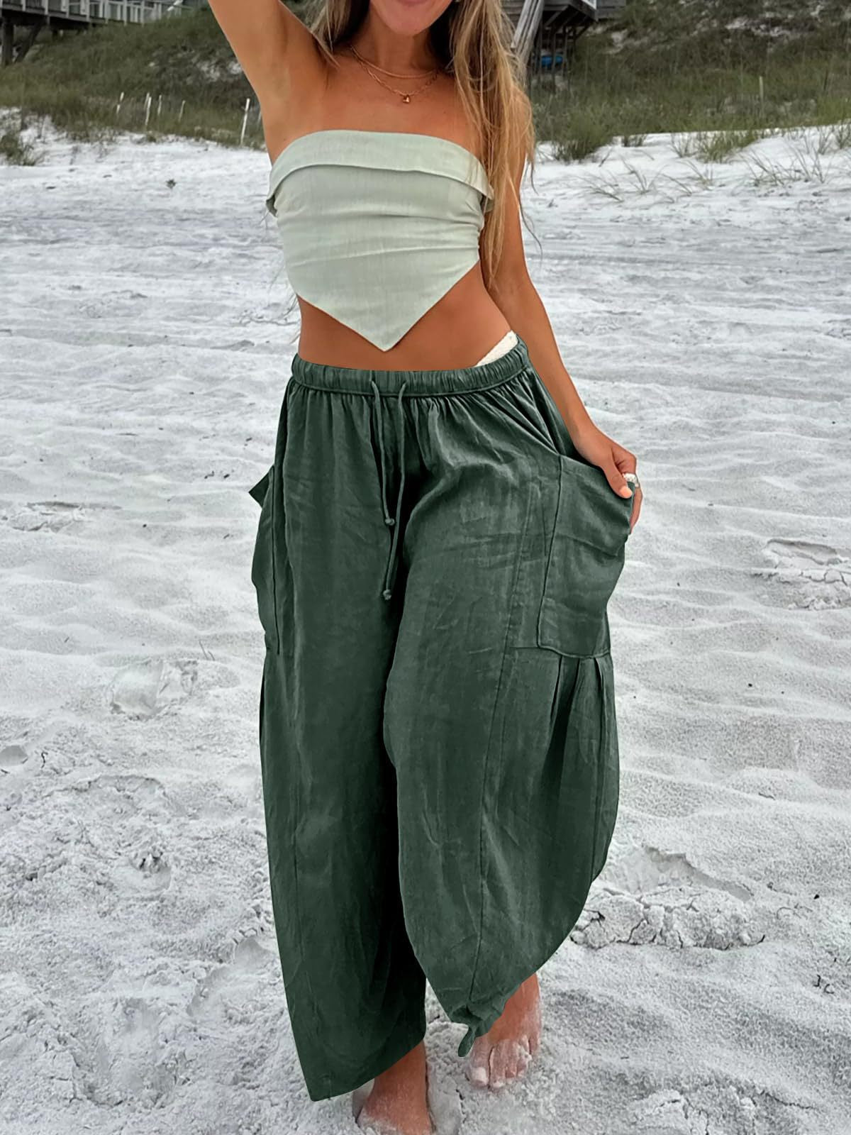 Elastic Waist Pleated High Waist Wide Leg Pants