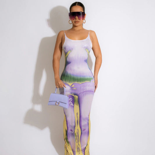 性感露背性感3D印花修身紧身连衣裙