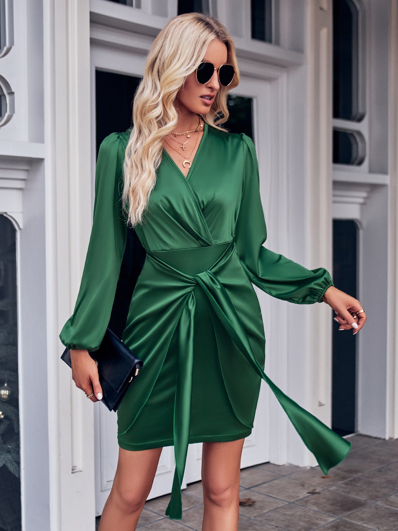 Casual V neck Solid Color Tie Waist Long Sleeve Sexy Dress