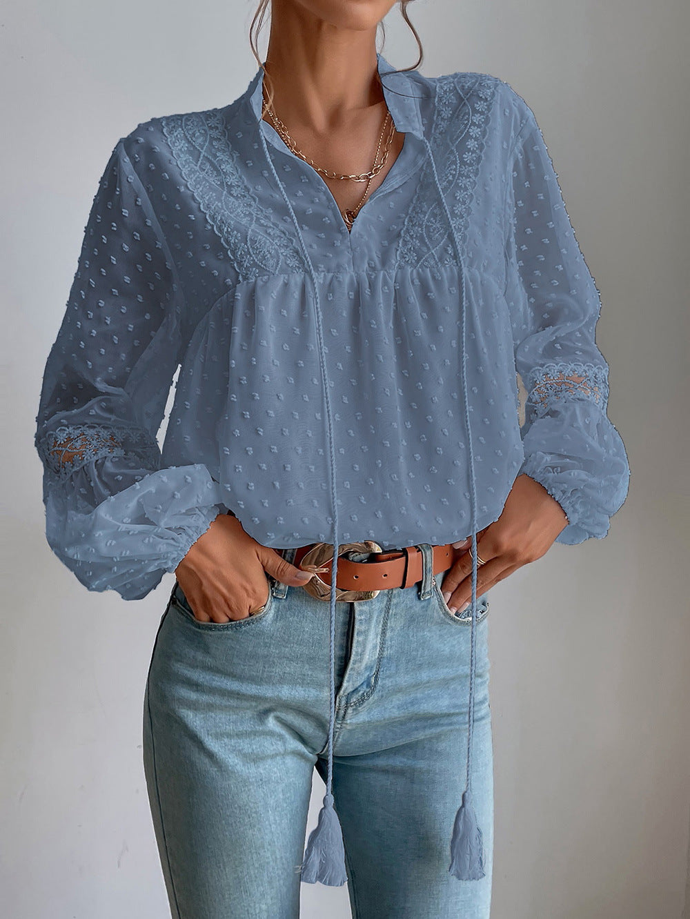 Polka Dot Chiffon Lace Stitching Loose Shirt