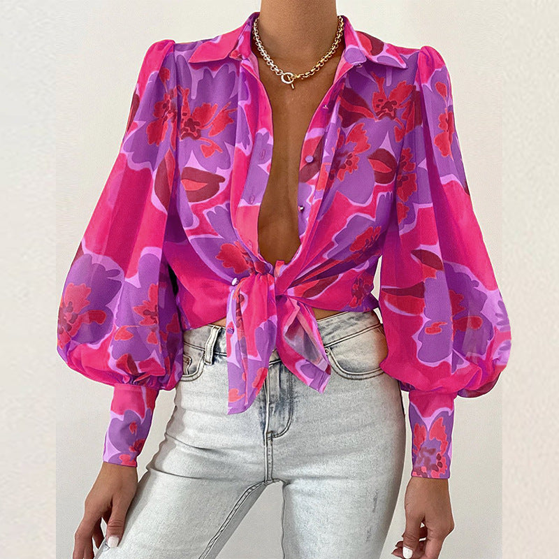 Bubble Sleeve Collared Long Sleeve Top Printed Shirt