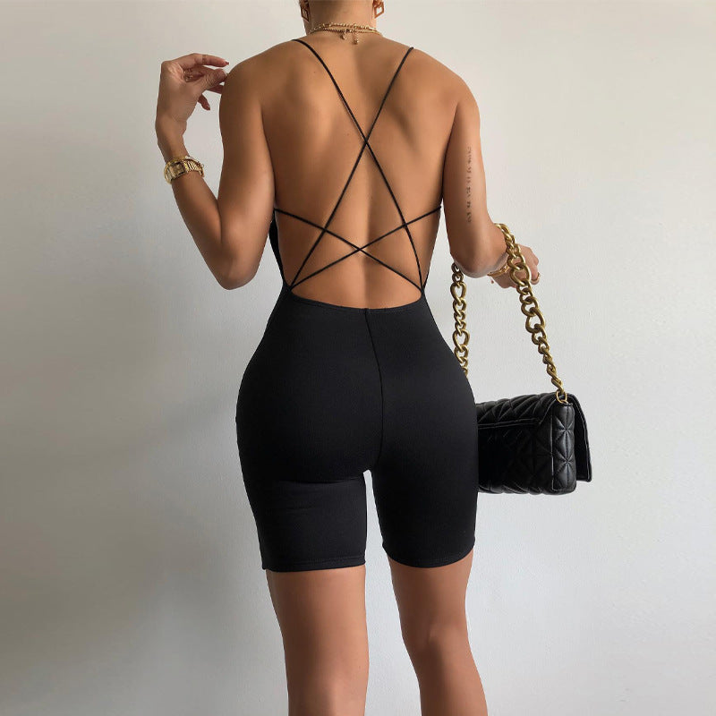 Solid Color Lace-up off-Neck Romper