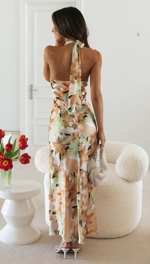 Sexy halter maxi-jurk met veters en rugloze print