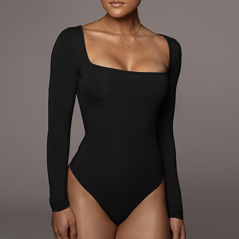 Sexy T-Shaped One-Piece Long Sleeve Square-Neck Bodysuit
