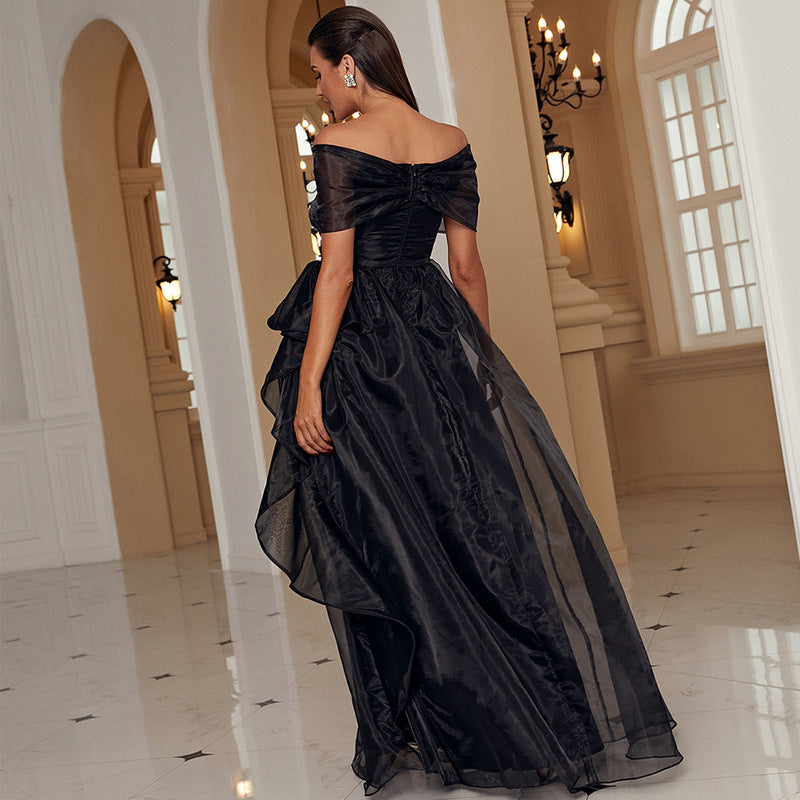Off-The-Shoulder Low-Cut Mesh Stitching Princess Elegant High-End Evening Dress