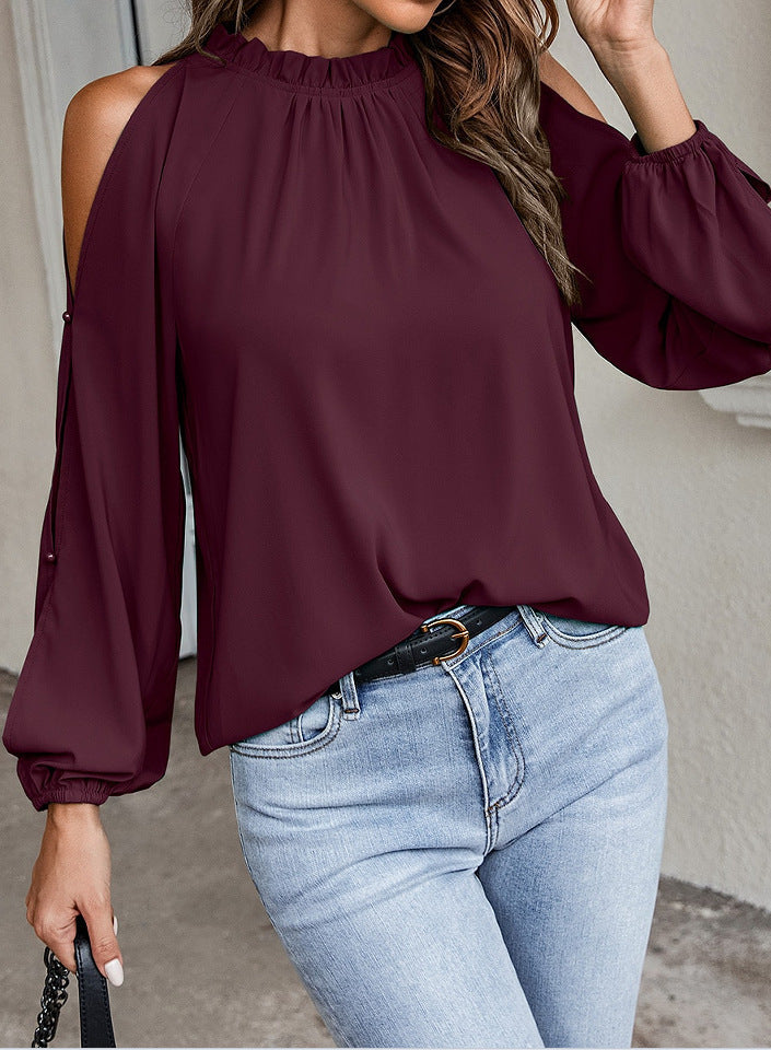 Solid Color Lotus Leaf Round Neck Long Sleeve Pleated Off Shoulder Blouse