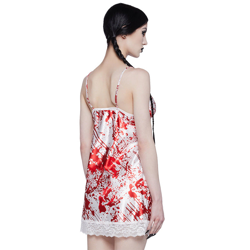 Cool Blood Mark Printed V Neck Lace Edge Short Strap Dress