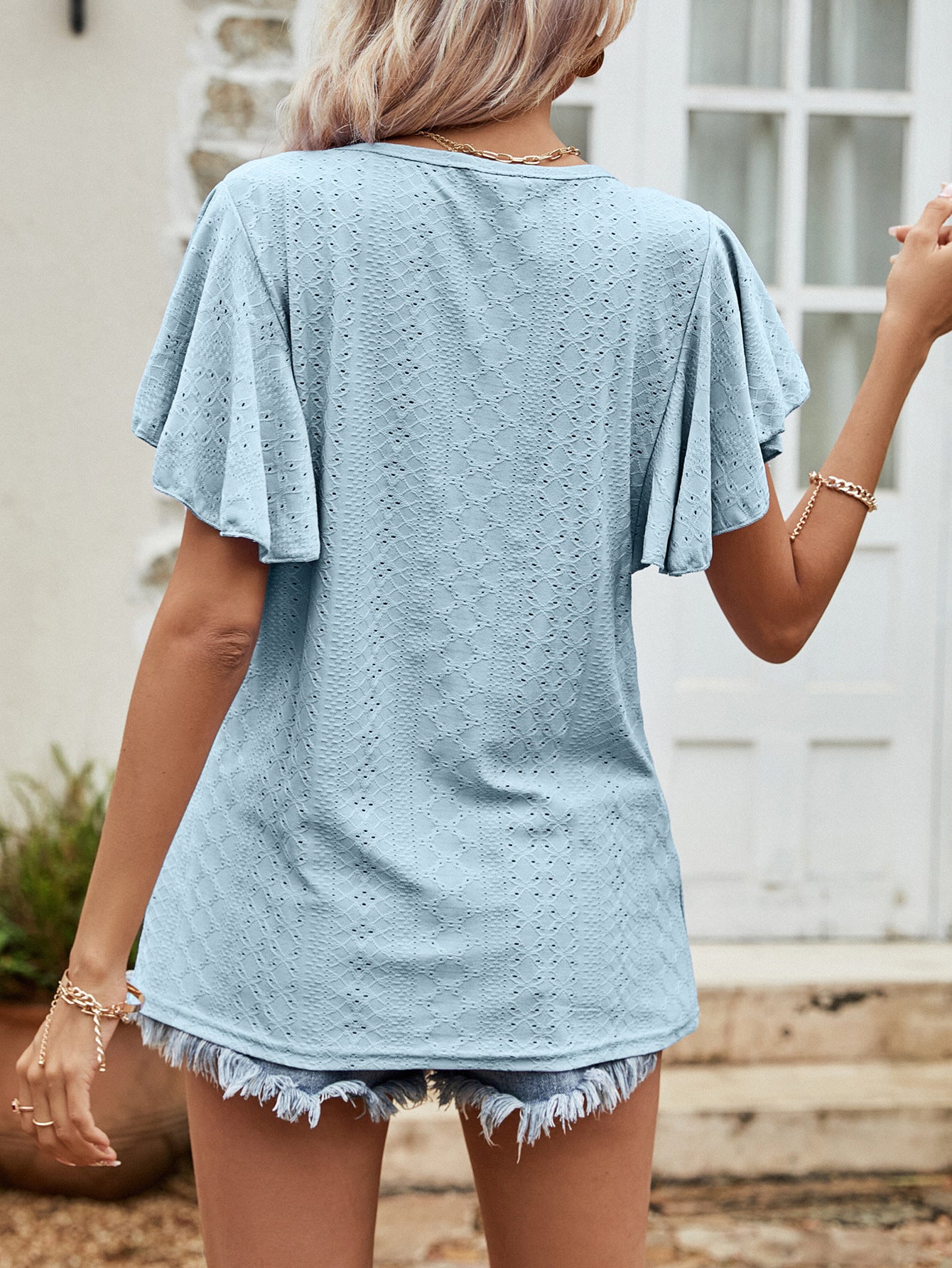 Hollow Out Cutout Out Round Neck Ruffle Sleeve Casual T-Shirt