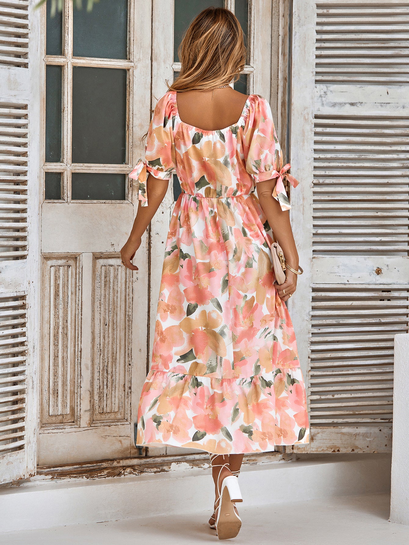 Casual Printed Waist Controlled Puff Sleeve V neck Maxi Dress