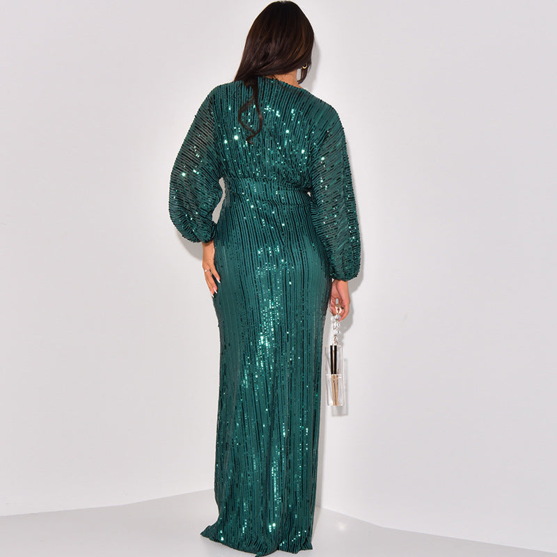 Sequined Long Sleeve V Neck Sexy Sequin Maxi Dress