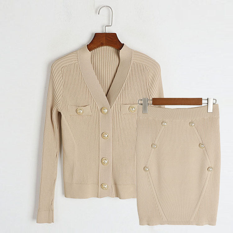 Round Neck Metal Buckle Set Early Autumn Winter French Faux Pocket Stand Collar Jacket with Skirt Knitted Two Piece