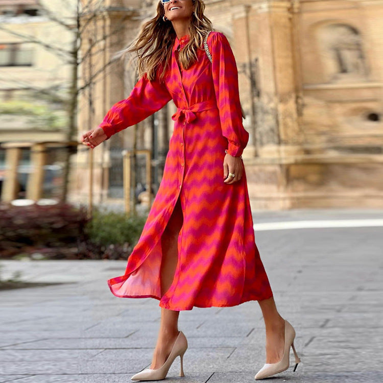 فستان بوهيمي منقسم بألوان متباينة ومطبوع برباط للخريف