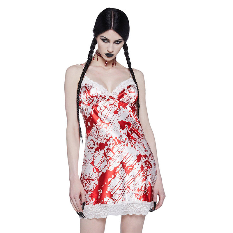 Cooles, mit Blutflecken bedrucktes Kleid mit V-Ausschnitt, Spitzenkante und kurzen Trägern