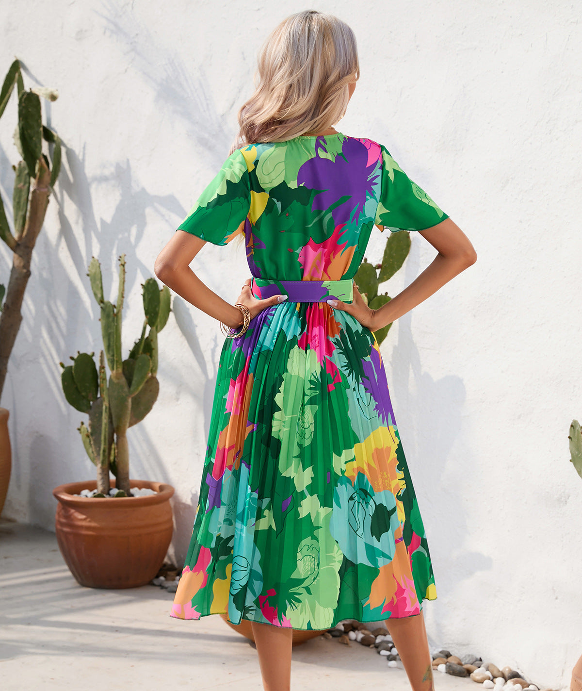 Summer Floral Print Crumpled Short Sleeve Dress