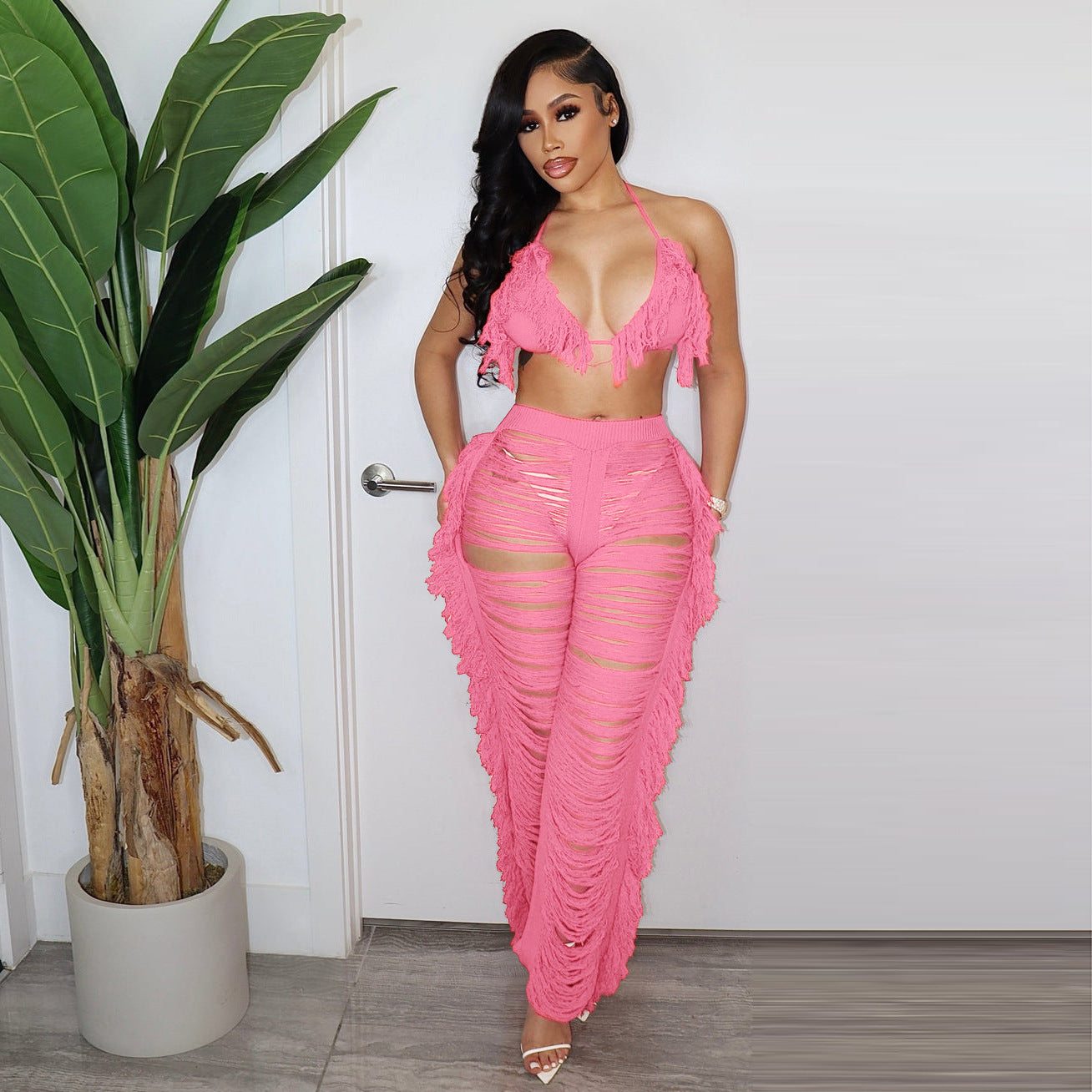 Sexy Tassel Knitted Trousers Set