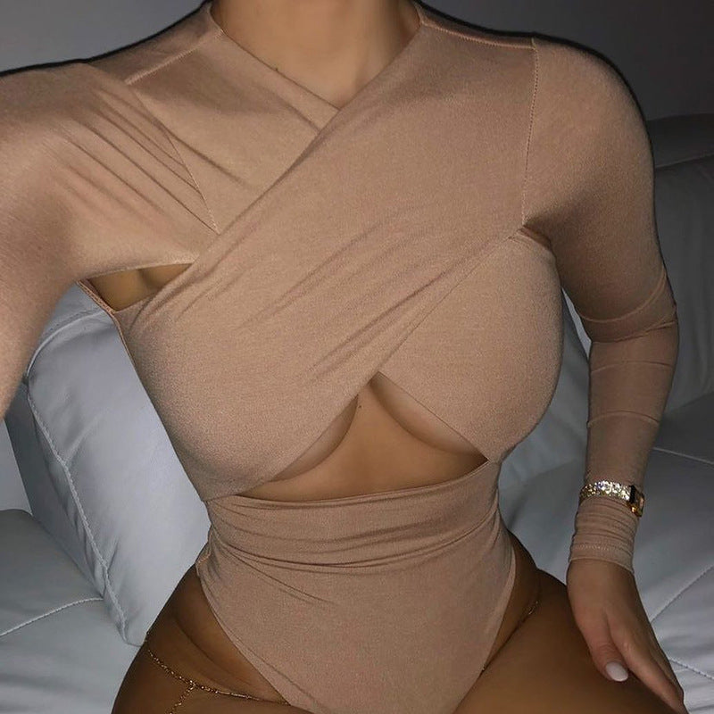 Solid Color Criss Cross Hollow Out Cutout Long Sleeve Waist-Baring Slim-Fit Bodysuit