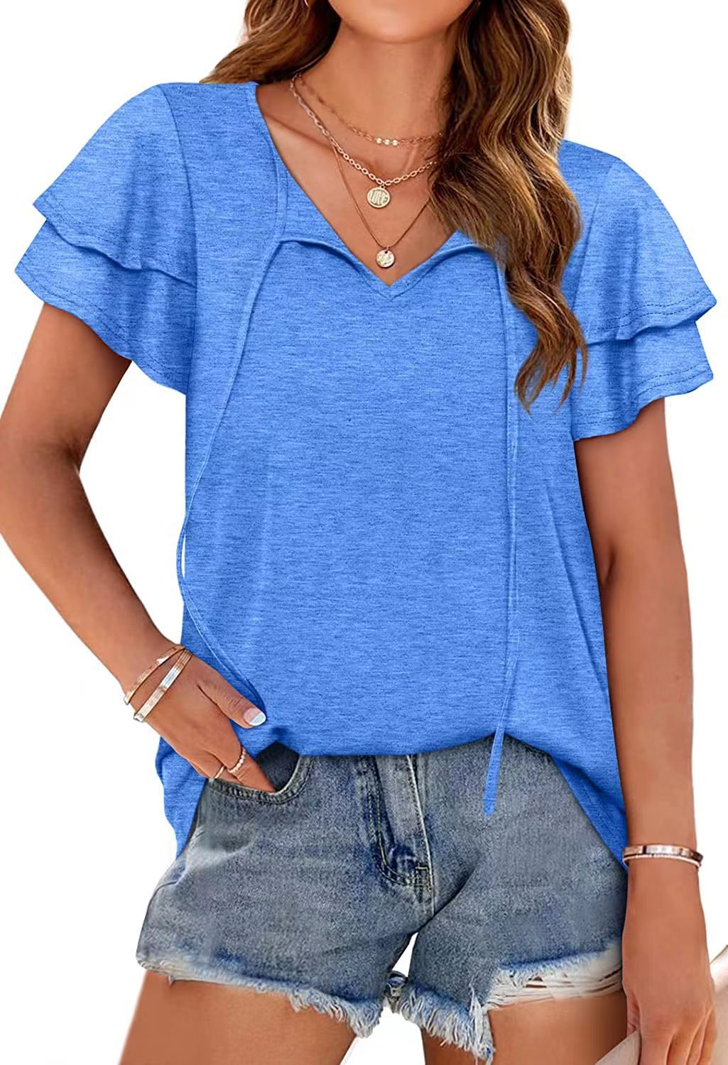 Solid Color Double V Neck Loose Pullover Blouse