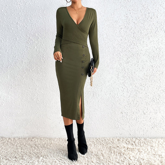 V neck Long Sleeve Slim Fit Sheath Sexy Knitted Dress