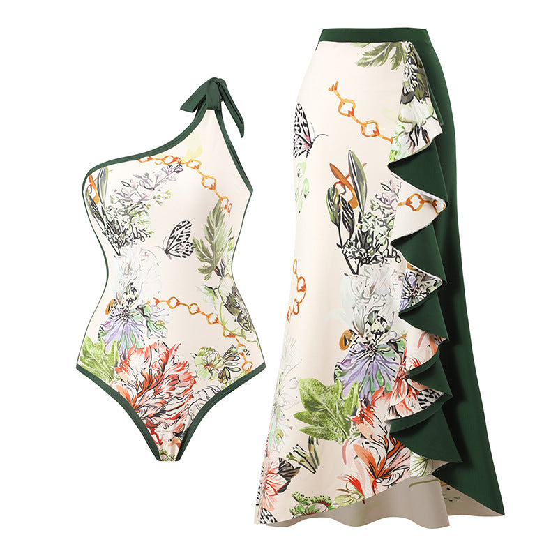 Elegant Printed Stitching Contrast Color Beach Sun Protection Skirt Shoulder Two Piece Swimsuit