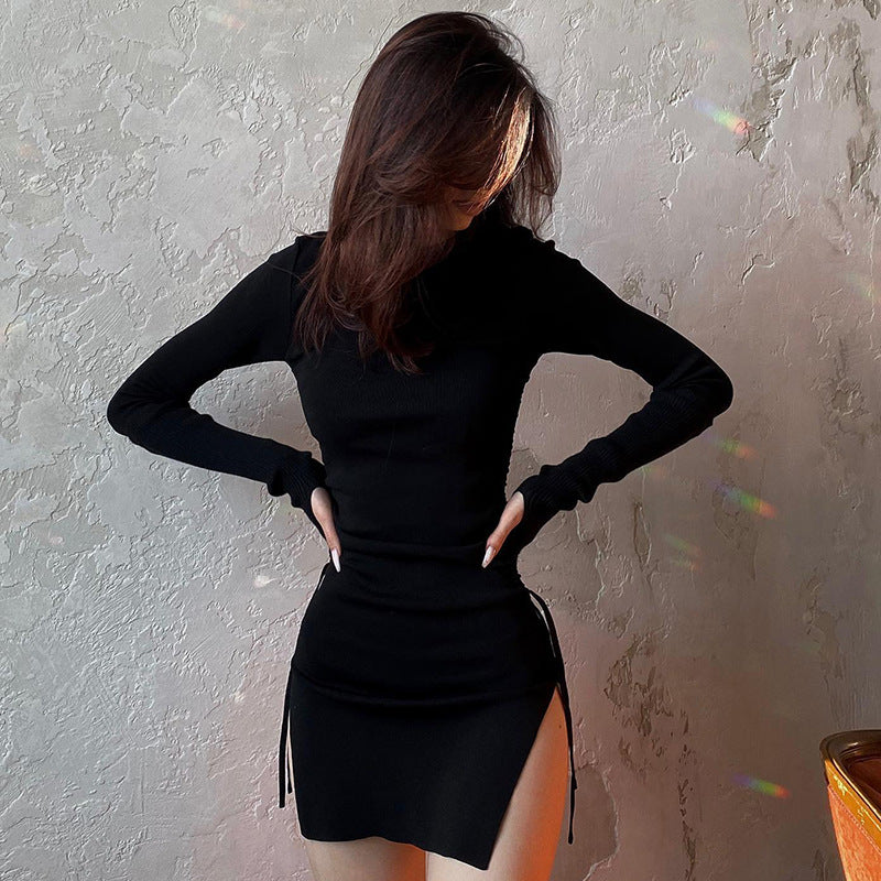 Solid Color round Neck Pullover Long Sleeve Self Tie Slit Dress