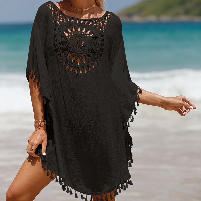 Hand Crocheting Solid Color Stitching Beach Dress