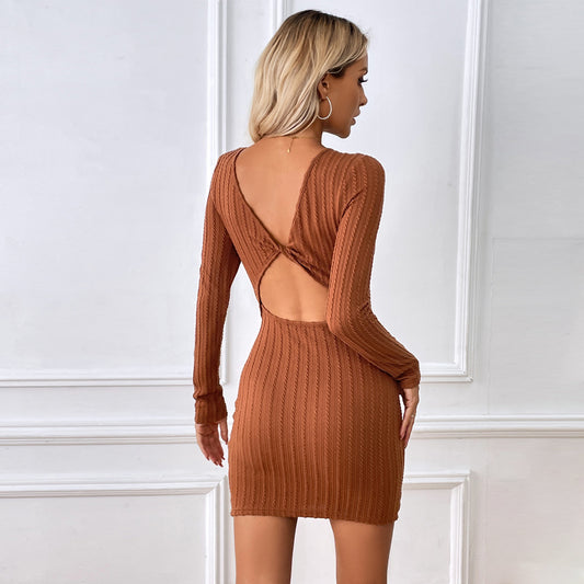 Slim Fit Elegant Texture Knitted Sexy Backless Sheath Dress
