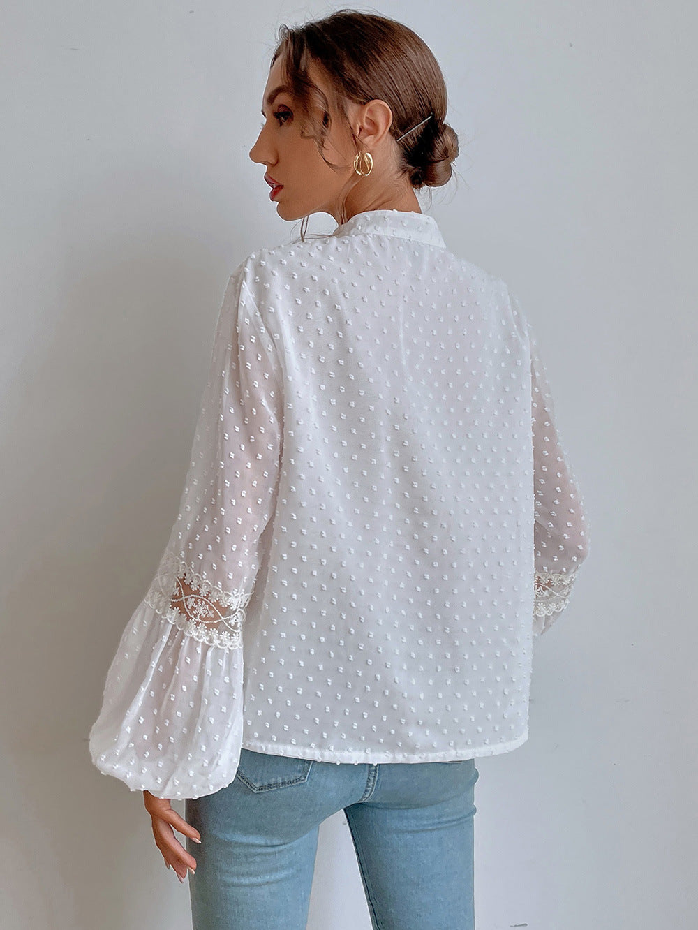 Polka Dot Chiffon Lace Stitching Loose Shirt