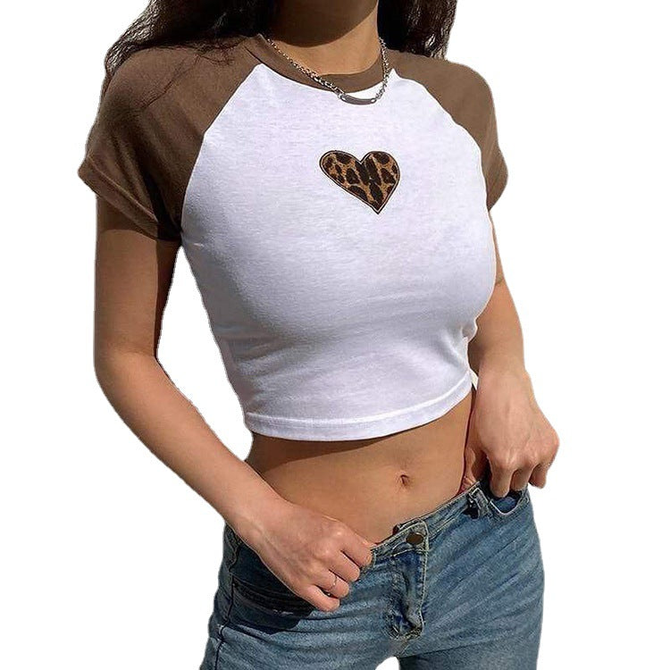 Heart Printing Contrast Color Slim Fit Cropped Exposed Casual T shirt Top