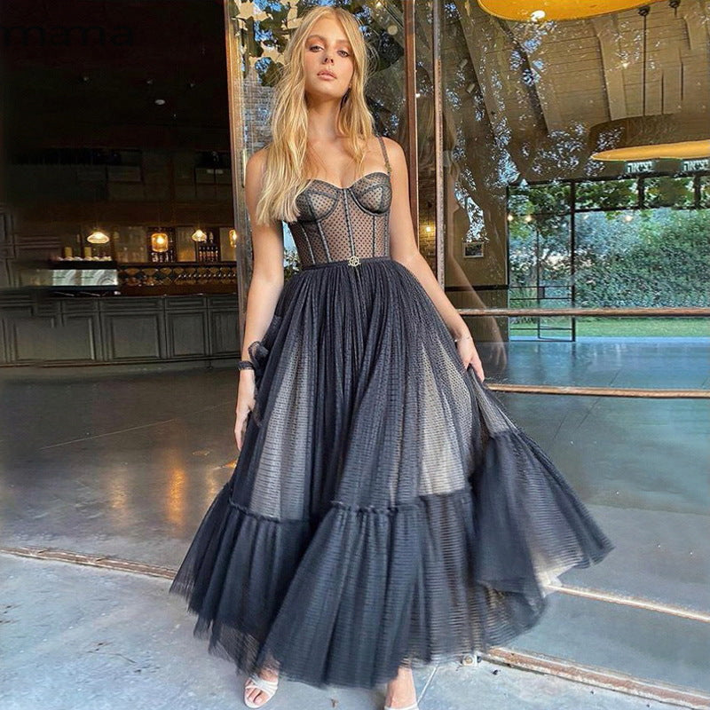 Lace Sexy Strap Tube Top Solid Color Chiffon Dress