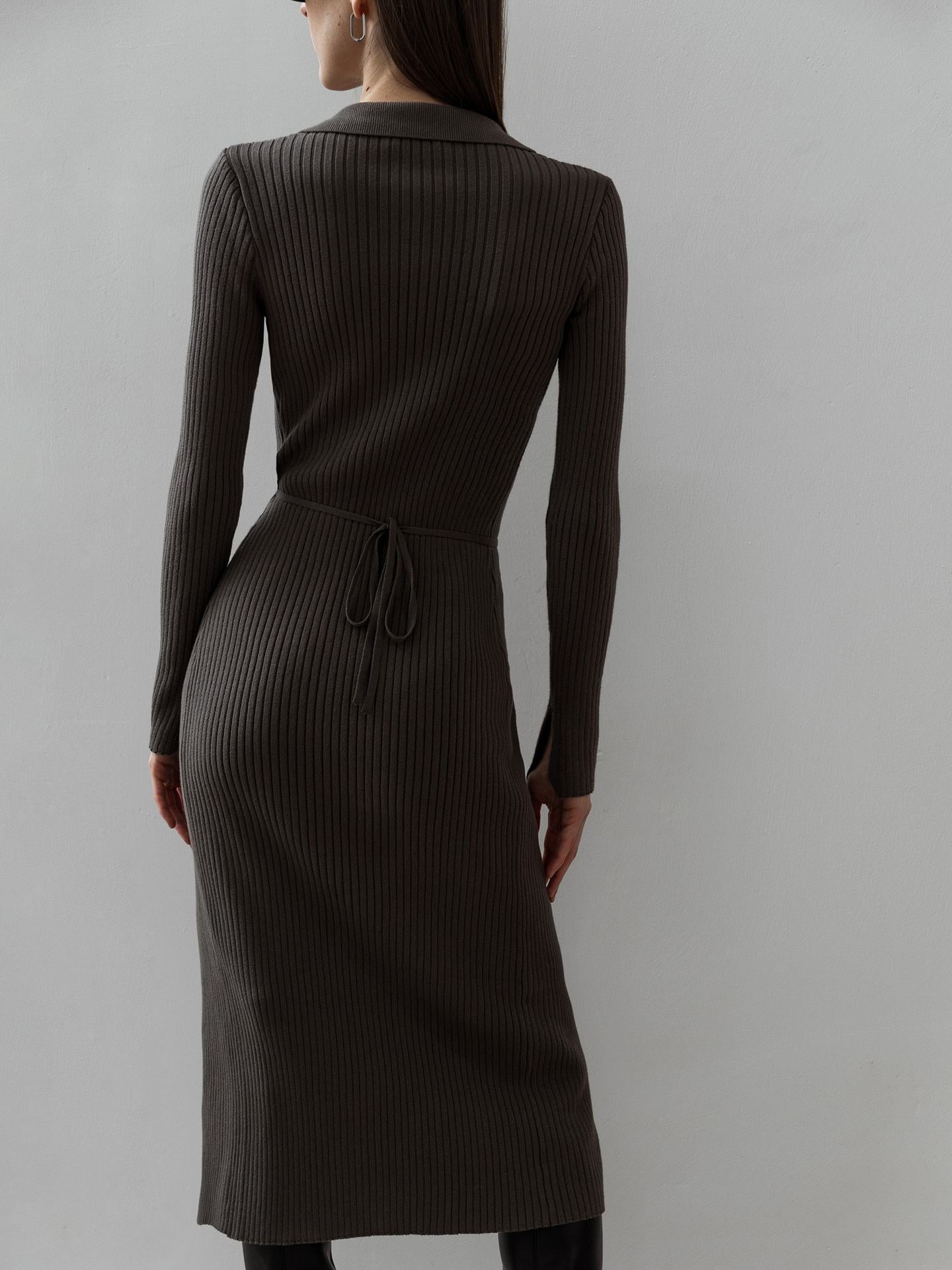 Split Strap Thread Mid Length Polo Collar Long Sleeve Sexy Tight Dress