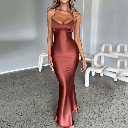 Sexy Strap Satin Backless Lace up Waist Controlled Maxi Dress