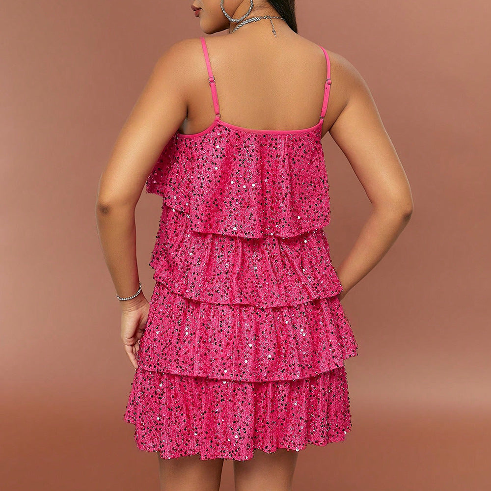 Summer Sweet Spicy Sequined Sleeveless Slimming Sling Party Tiered Dress