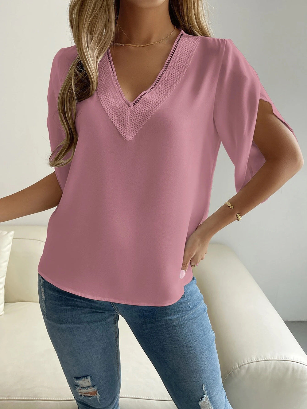 V neck Lace Solid Color Top Short Sleeve Chiffon Shirt