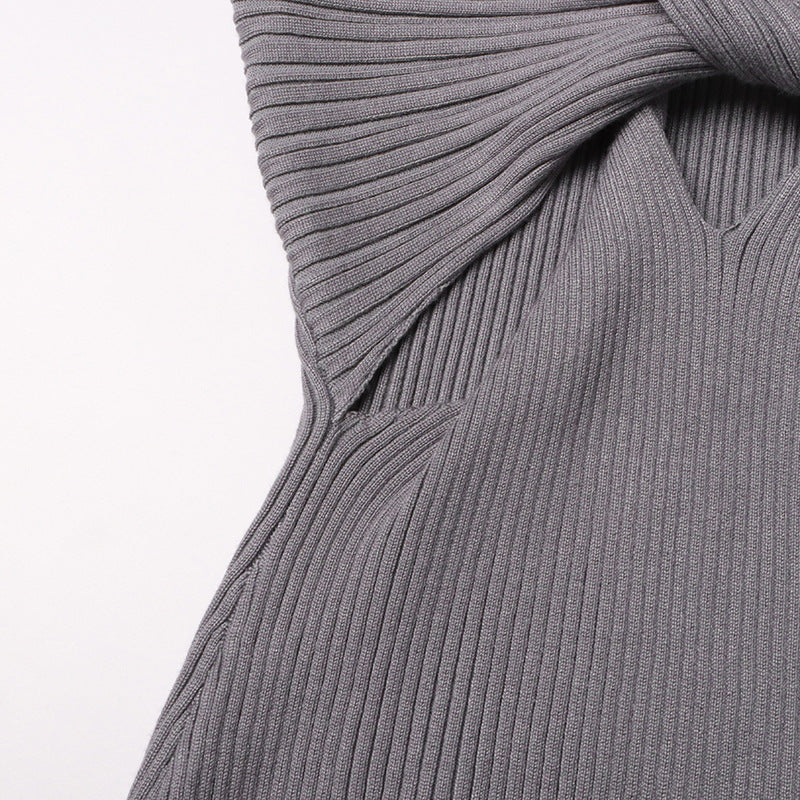 性感无袖优雅设计镂空镂空麻花修身修身针织连衣裙